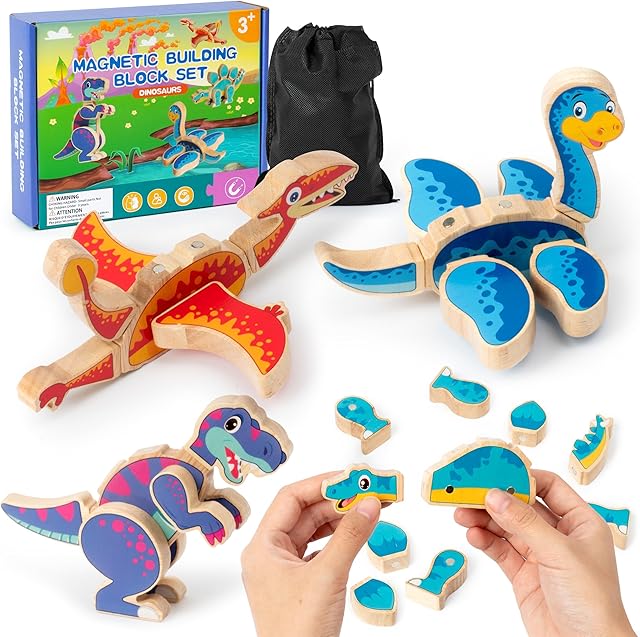 The Dinosaur Snap Building Toys - Dinosaurs Snap Together Wooden Build Blocks Kits, Happy Little Animals Game, Educational Learning Wood Magnetic Take Apart Playset Toy, Birthday Gifts for Kids