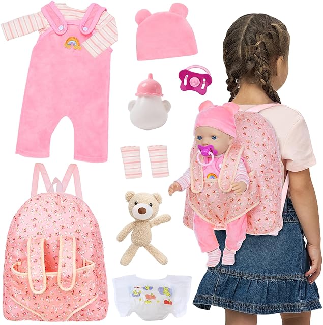 The Baby Doll Clothes with Backpack Carrier for 14-18 Inch Doll,Reborn Baby Dolls Accessories Set with Bottles Pacifiers for Toddlers and Kids 2 3 4 5 Year Old(Dolls not Included)