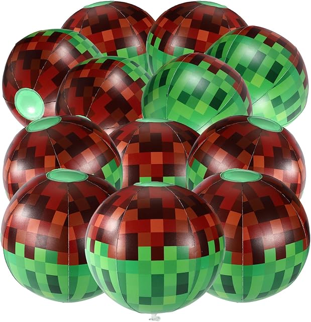 The 12pcs Pixel Beach Balls, PVC Material Inflatable Video Game Beach Balls for Kids Party Outdoor Activity Summer Pool Game Supplies(Green & Brown)