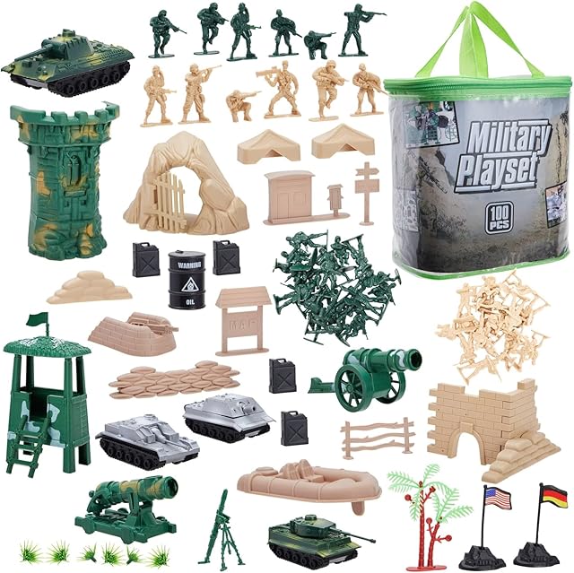 The Juvale Action Figures Army Men Playset - Army Toys & Toy Soldiers for Boys Ages 8+ with Tanks & Weapons - Action Figure Accessories & Portable Storage Bag - 100 Pieces, Multicolor, Plastic
