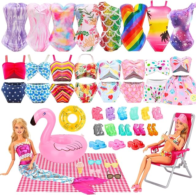 The Lot 25 Pack Doll Bathing Suits Pool Accessories Set for 11.5 inch Girl Dolls - 6 pcs Swimsuits, 2 Pool Floaties, 4 Sunglasses, 8 Shoes, 1 Beach Chair, 1 Beach Towel and 3 Accessories
