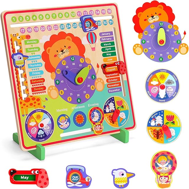 The Montessori Toys for 4 Year Old,Wooden Calendar and Teaching Clock for Kids Learning Clock for Telling Time, Date, Days of The Months, Seasons and Weather-Educational Toys for Boys and Girls(7 in 1)