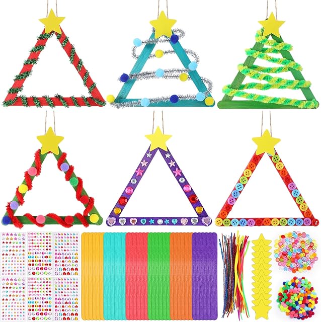 The 30 Sets Christmas Craft Kits for Kids DIY Stick Christmas Tree Ornaments Decoration Craft Stick Hairball Button Sticker for Kids Holiday Classroom Activities Party Favors
