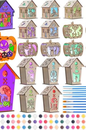 The Qunclay 18 Pcs LED Halloween Wooden Craft House for Kids Paint Your Own Unfinished Wood Crafts DIY 3D Cutting Wooden Puzzle with 12 Strips Paint and Flat Tip Brushes for Halloween Party Favors