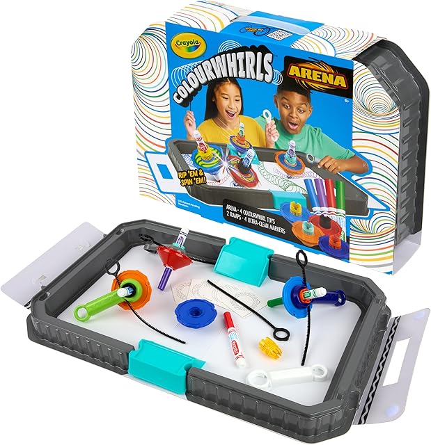 The Crayola Colourwhirls Battle Arena Set, DIY Gyro Spin Art Toy, 4 Battling Spinning Tops for Kids, Recess Toys & Games, Gift for Kids, Ages 6+