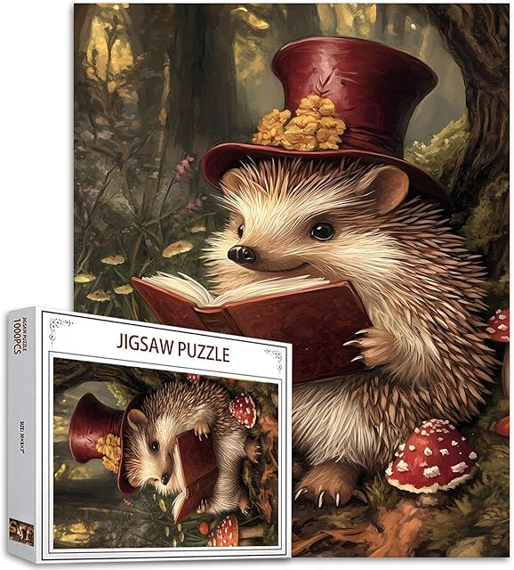 The Hedgehog Mushrooms Jigsaw Puzzle 1000 Pieces for Adult Animals Reading Book Puzzles for Challenging Family Activity Games DIY Handwork Easy Puzzle Home Wall Decoration Unique Gifts 20x27 Inches