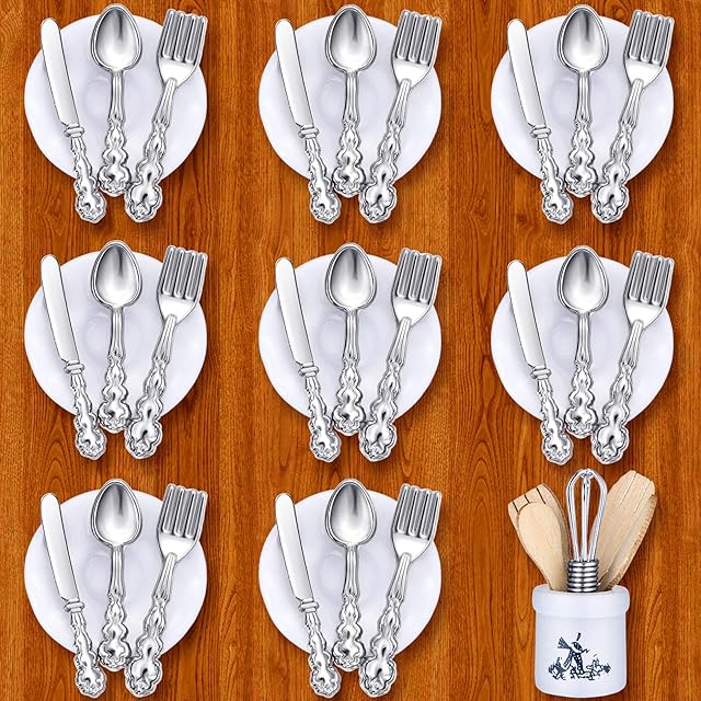 The Sumind 38 Pcs 1:12/1:6 Scale Miniatures Dollhouse Plates 32 Mini Dollhouse Plates Knife Fork Spoon, 6 Mini Egg Beater Utensil Toy Kitchen Accessories Tableware Furniture Decoration