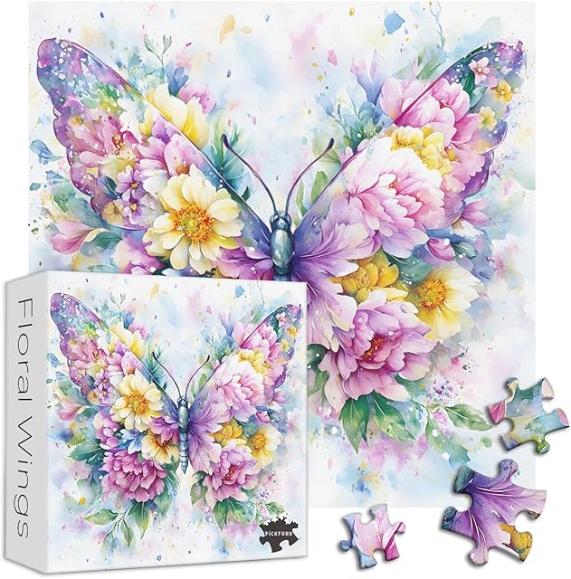 The Butterfly Flower Jigsaw Puzzles 1000 Pieces, PICKFORU Watercolor Wildflowers Insect Puzzles for Adults Spring, Hard Difficult Spring Puzzle Theme as Wall Art Decor