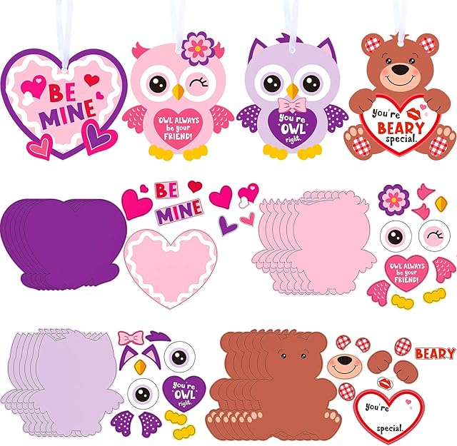 The Valentine's Day Crafts Kits DIY Valentine Decorations Hanging Ornaments, Lanyards for Kids Family Entertainment Activities, 4 Styles (24 Sets)