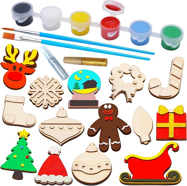 The JOYIN 14 Christmas Wooden Magnet Creativity Arts & Crafts Painting Kit Decorate Your Own for Kids Paint Gift, Birthday Parties and Family Crafts, Holiday Stuffers(Age 8+)