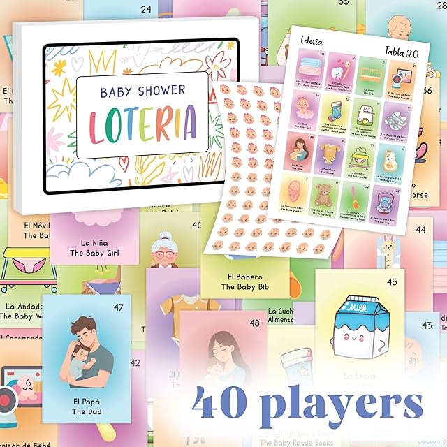 The Baby Shower Loteria Bilingual - Baby Loteria for Babies Shower Games Spanish and English, Funny Party Bingo Game for 40 Players