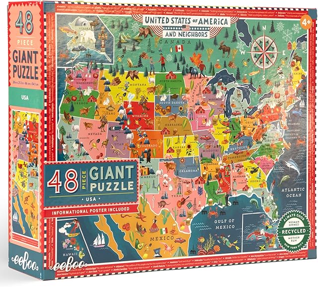 The eeBoo: USA Map Giant Puzzle - 48 Piece - 26 x 21.2 USA & Neighbors Jigsaw, Informational Poster, Geography, Sturdy Dustless Oversized Pieces, Kids 4+