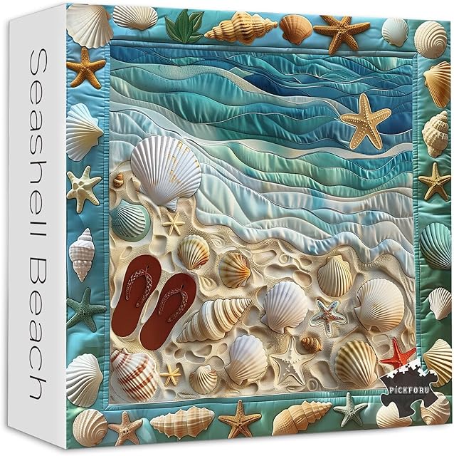 The Sewing Beach 1000 Piece Puzzle for Adults, PICKFORU Colorful Coastal Jigsaw Puzzles Ocean Seashells, Hard Difficult Quilt Sea Scene Theme as Wall Decor