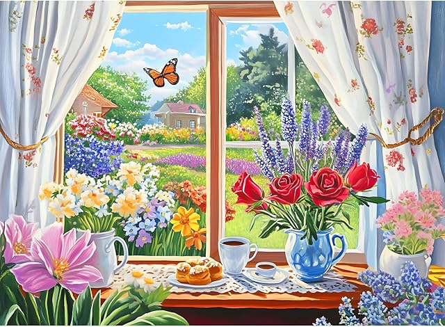 The 300 Pieces Puzzle for Adults, Flower and Butterfly Puzzle Recycled Cardboard, Beauty Window and Garden Jigsaw Puzzles, Challenging Game Home Decor Party Gift for Adults Kids Seniors 20.5 * 15 inch