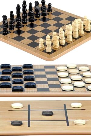 The Regal Games - Reversible Wooden Board for Chess, Checkers & Tic-Tac-Toe - 24 Interlocking Wooden Checkers and 32 Standard Chess Pieces - for Age 8 to Adult for Family Fun