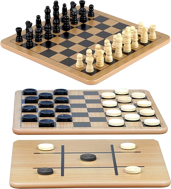 The Regal Games - Reversible Wooden Board for Chess, Checkers & Tic-Tac-Toe - 24 Interlocking Wooden Checkers and 32 Standard Chess Pieces - for Age 8 to Adult for Family Fun