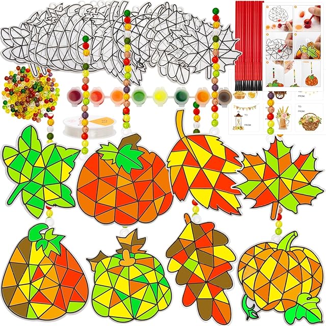 The WorldBazaar Fall Suncatchers Craft Ornaments 24 Sets Pumpkin Window Art Suncatchers Decoration Thanksgiving Fall Harvest Classroom Activity Party Supplies