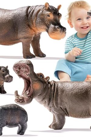 The Safari Hippo Animals Toys, 4PCS Plastic Wild Animals Family Figures Toy for Kids Ages 3-5 Includes Hippopotamus and Cubs, Cake Toppers Birthday Gift Party Favors for Boys Girls