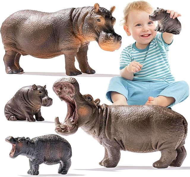 The Safari Hippo Animals Toys, 4PCS Plastic Wild Animals Family Figures Toy for Kids Ages 3-5 Includes Hippopotamus and Cubs, Cake Toppers Birthday Gift Party Favors for Boys Girls