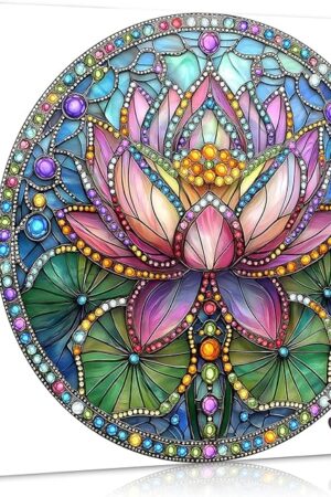 The PICKFORU Stained Glass Lotus Flower Puzzle for Adults 1000 Pieces, Round Beautiful Gems Jewel Floral, Colorful Mosaic Flower Jigsaw Puzzles Pretty, Difficult Hard Challenging for Adults