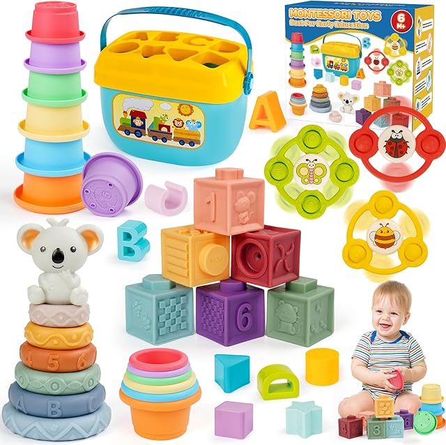 The Montessori Toys for Babies Ages 6–12–18 Months with Sensory Shape Sorter Matching Game Box Stacking Cups Soft Ring, Building Blocks, Spinner Developmental Learning Toys for Toddlers 1+ Year Old