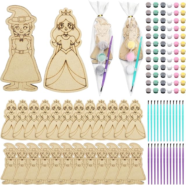 The Honoson 24 Set Paint Your Own Witch and Princess Crafts DIY Wooden Painting Craft Kit Pink and Green Color Your Own Witch Princess for Birthday Gifts Party Favors