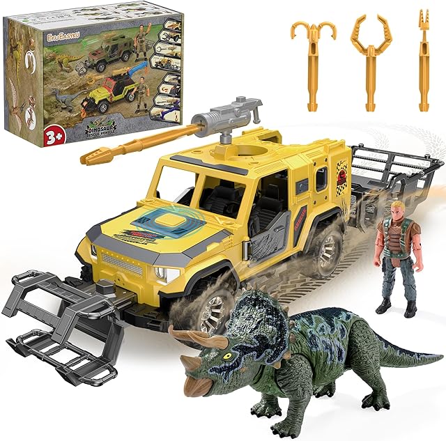 The EKU Dinosaur Transport Truck with Trailer and 10 Sounds, Launcher, Clamp, Heads Moves Attack Triceratops Figure, Human, Carrier, Push and Go Adventure Vehicle for Jurassic World Toys Kids Boys Girl 3+