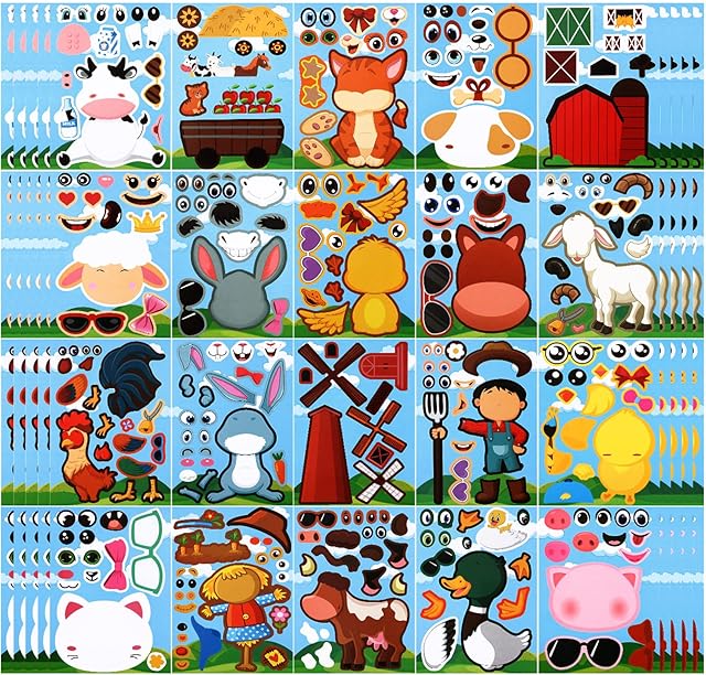 The 100 Pcs Make a Farm Animal Stickers Sheets Farm Themed Birthday Party Favors Supplies Barnyard Animal Birthday Party Supplies for Kids DIY Art and Craft Projects Class Rewards