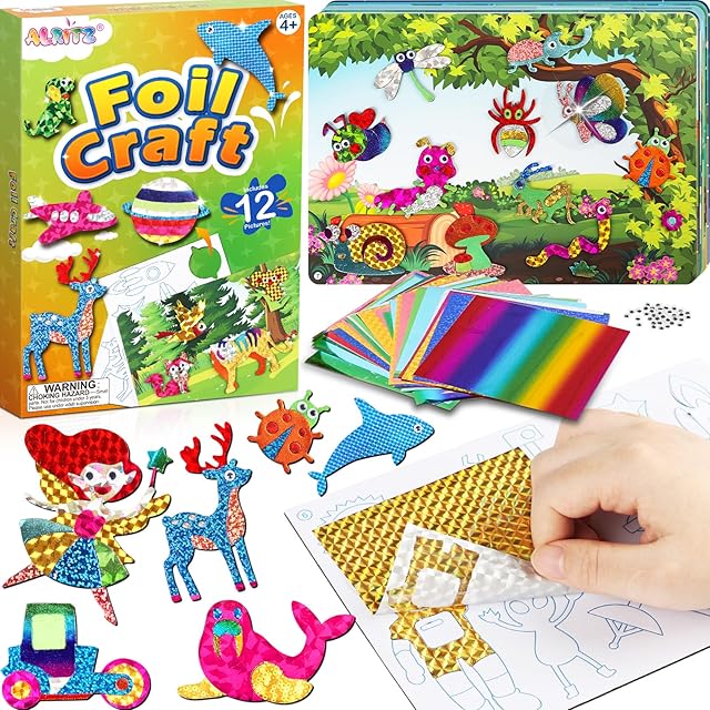 The Alritz Arts and Crafts,Foil Crafts Fun Kit, Art Kit Toys for Kids Animals Space Cars, Foil Stickers Supplies,Travel Toys DIY Christmas Gifts for Girls Boys 4 5 6 7 8 9 10 11+ Years Old (12 Theme)