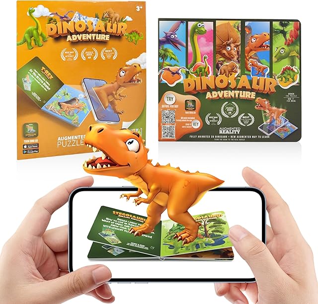 The MINDNOOK Dinosaur Augmented Reality (AR) Flash Cards & 3D Puzzle Book, 5-in-1 Interactive Learning Set with Free App, STEM Educational Toys for Home, Classroom & Travel for Kids Ages 3+