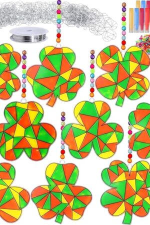 The Qyeahkj 32 Sets St. Patrick's Day Suncatcher Crafts Kit for Kids DIY Shamrock Window Paint Suncatcher Arts Crafts Window Ornament Decor for St. Patrick's Day Gift Classroom Art Project Gift Favor