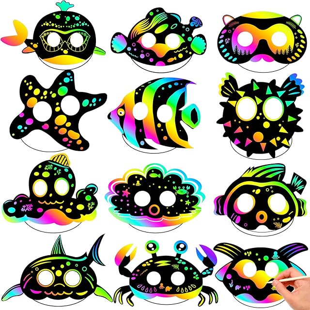 The 60 Pcs Ocean Animals Scratch Paper Mask for Kids 12 Styles Sea Theme Scratch off Art Cards Kids DIY Masks Craft Kit for Scratch Party Favors Under the Sea Decorations Birthday Party Activities