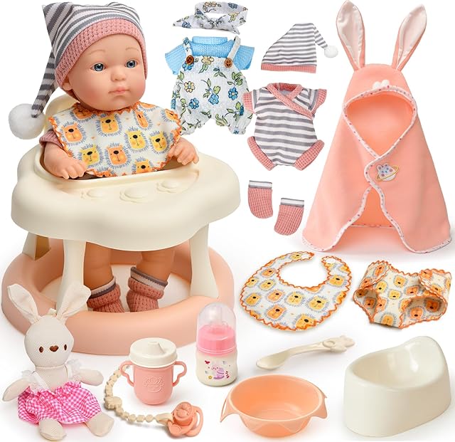 The Baby Doll Accessories Set for Girls, 9'' Baby Doll with 2 Sets Clothes Doll Walker Feeding Bottle Pacifier Diaper Blanket, Realistic Pretend Play Toys Toddler Girl Birthday Gifts 3 4 5 6