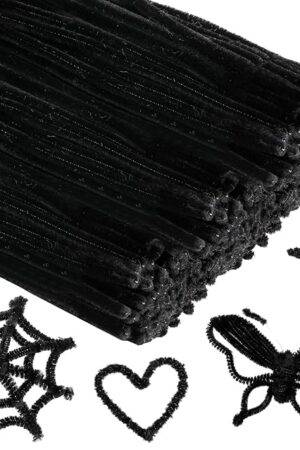 The RoundFunny 100 Pcs Halloween Extra Long Black Pipe Cleaners 36 Inch 6 mm Chenille Stem Craft Supplies Fuzzy Sticks for Beginners Hair DIY Arts Project Supplies Decorations