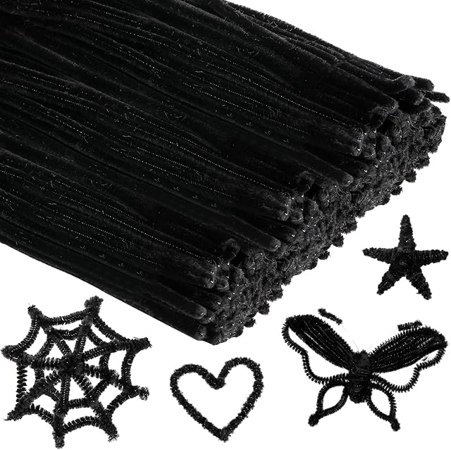 The RoundFunny 100 Pcs Halloween Extra Long Black Pipe Cleaners 36 Inch 6 mm Chenille Stem Craft Supplies Fuzzy Sticks for Beginners Hair DIY Arts Project Supplies Decorations