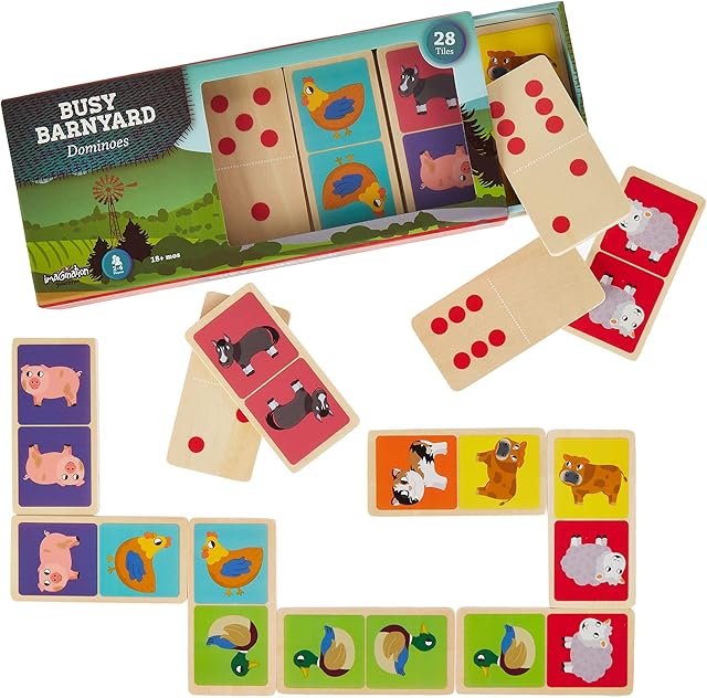 The Imagination Generation Busy Barnyard Wooden Dominoes - Reversible! Classic and Matching Games (28pcs)