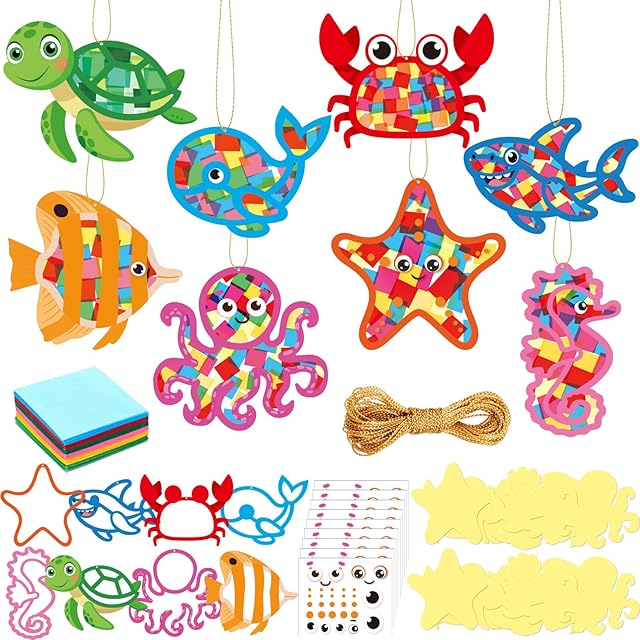 The DoubleFill 48 Pcs Under The Sea Animals Summer Suncatchers Craft for Kids Age 3-5, 4-8, 6-8, 8-12 Student Back to School Marine Ocean Animal Stained Glass Effect Tissue Paper Kit Bulk for Party Favor