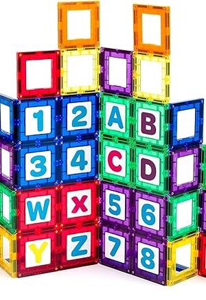 The Playmags Magnetic Tile Building Set: Exclusive Educational Clickins 36-Pc. Kit: 18 Super Strong Clear Color Magnet Tiles Windows & 18 Letters & Numbers Stimulate Creativity & Brain Development