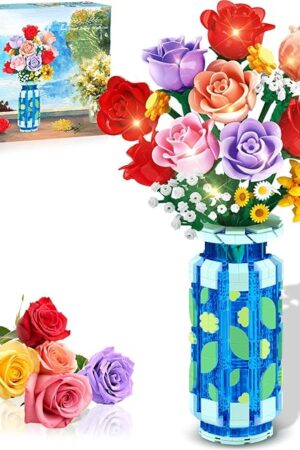 The Roses Flowers Building Set with Vase & LED Light, Mother's Day 16 Mini Flowers Bouquet Botanical Building Blocks Toy, Birthday Gifts for Adults, Artificial Flowers for Home Decor & Display
