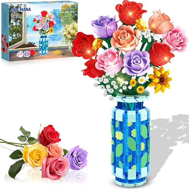 The Roses Flowers Building Set with Vase & LED Light, Mother's Day 16 Mini Flowers Bouquet Botanical Building Blocks Toy, Birthday Gifts for Adults, Artificial Flowers for Home Decor & Display