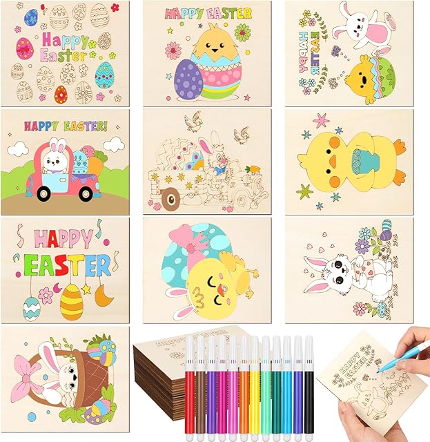 The Soulchen 60 Pcs Spring Large Easter Painting Crafts Unfinished Wood to Paint for Adults and Kids Bulk DIY Wooden Arts Supplies Kit for Spring Coloring Bunny Eggs Flowers Ducks Crafts with 12 Crayons