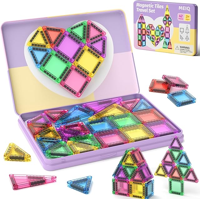 The 42-Piece Mini Magnetic Tiles Travel Set with Metal Storage Box - Portable STEM Building Blocks for Kids Ages 3-8, Montessori Educational Toys for Airplane & Car Rides, Gift for Boys & Girls