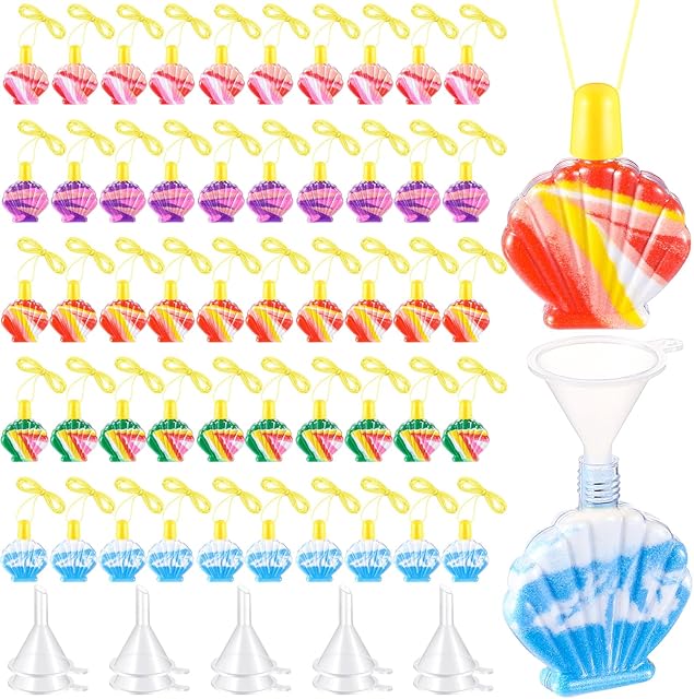 The Tanlade 100 Pcs Shell Shaped Sand Art Bottle Necklace Kits Plastic Sand Art Bottles Containers with Mini Plastic Funnels for Class Birthday Party Decoration Crafts Supplies