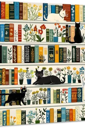 The Retro Bookshelf Book Jigsaw Puzzles 1000 Pieces, PICKFORU Vintage Cat Flower Puzzles for Adults Wildflower, Funny Cute Kitten Theme as Wall Decor