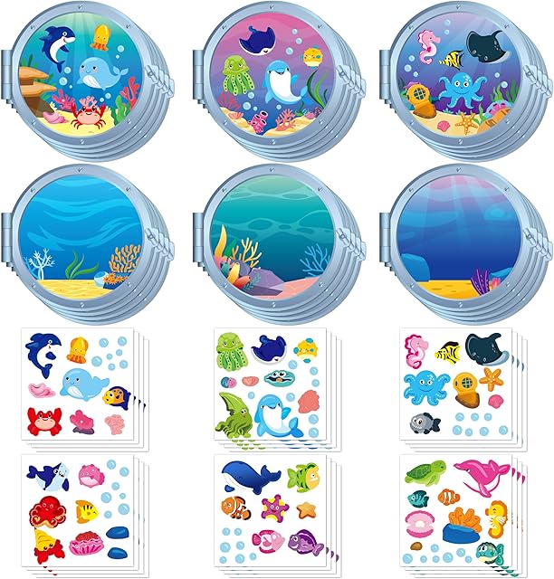 The WATINC Sea Animal Scene Sticker Art Craft, Make Your Own Ocean Animals World Under the Sea Scene Stickers, DIY Shark Clown Fish Dolphins Decals, Kids Game for Classroom Activity Party Supplies (12Pcs)