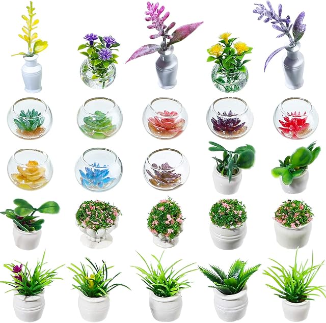 The 25 Pieces Dollhouse Potted Plants Miniature Artificial Plant Tiny Bonsai Model Mini Flowerpot Fake Succulent Doll House Mini Plant Model Figure for 1:12 Dollhouse Decor Mini Garden (Fresh Style)