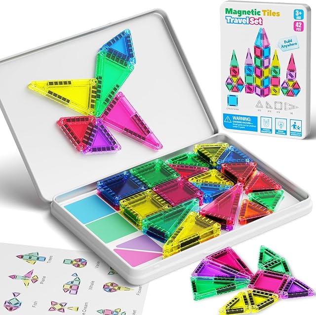 The 42PCS Mini Magnetic Tiles Travel Set with Iron Storage Box - Portable STEM Building Blocks for Kids 3-8, Montessori Educational Magnet Toys for Airplane, Car Rides & On-The-Go Play