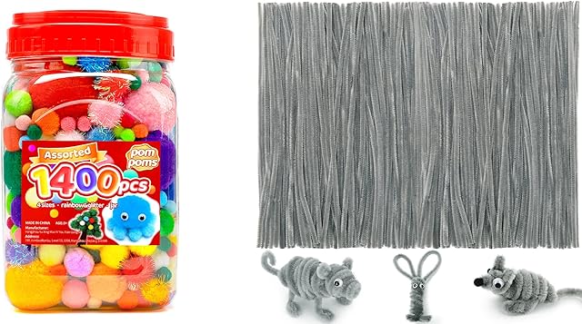 The 1200pcs pom poms+200pcs Gray Pipe Cleaners, Art and Craft Supplies