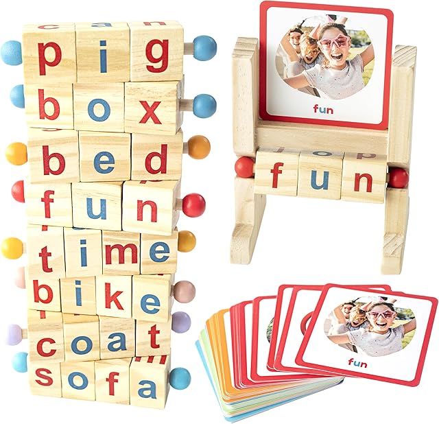 The Montessori Reading Blocks & Flash Cards Set – Learn to Read CVC Word Games for Toddlers 2-4 – Short Vowel Spinning Rods, Phonics Toys, Reading Montessori Toys for 4 Year Old for Preschool & Homeschool