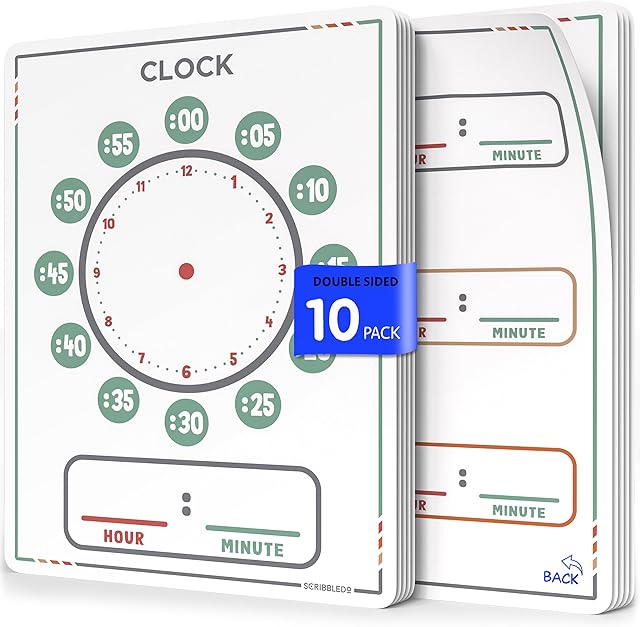 The Scribbledo 10 Pack Telling Time Teaching Sheets - 9'x12' Dry Erase Learning Clocks for Kids Homeschooling Supplies